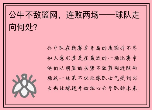 公牛不敌篮网，连败两场——球队走向何处？